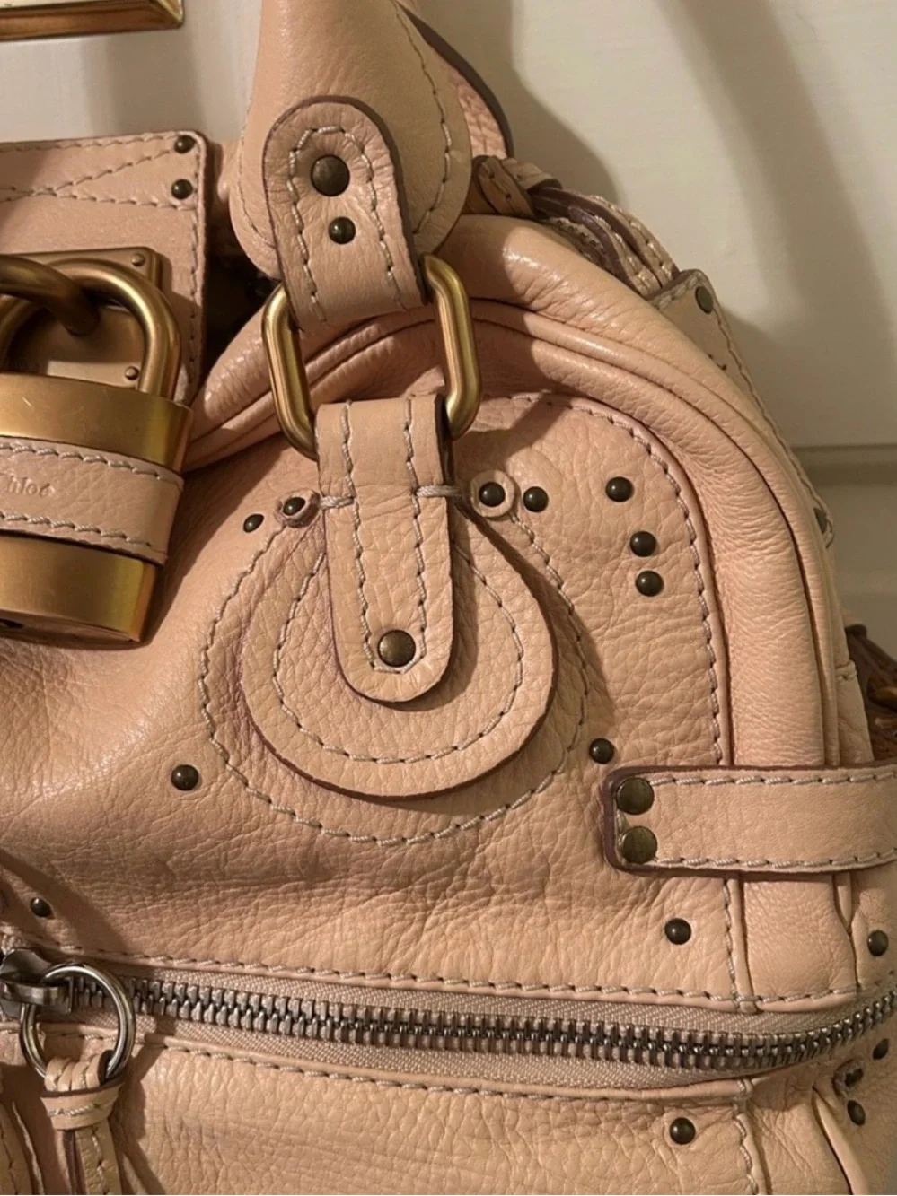 Auth Chloe Paddington Large satchel peach nude beige Leather vintage LIKE NEW